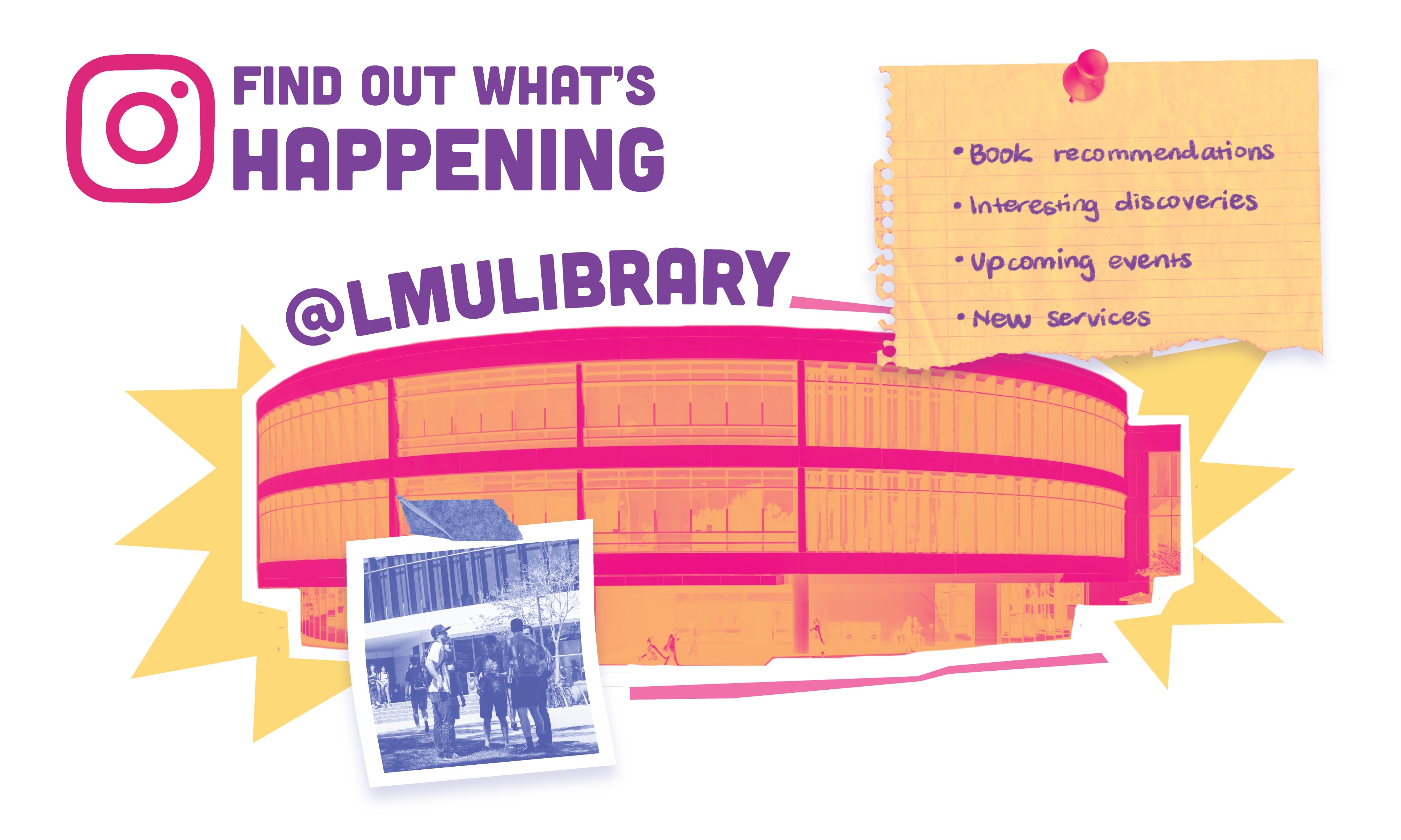 illustration of library building with photograph of students chatting